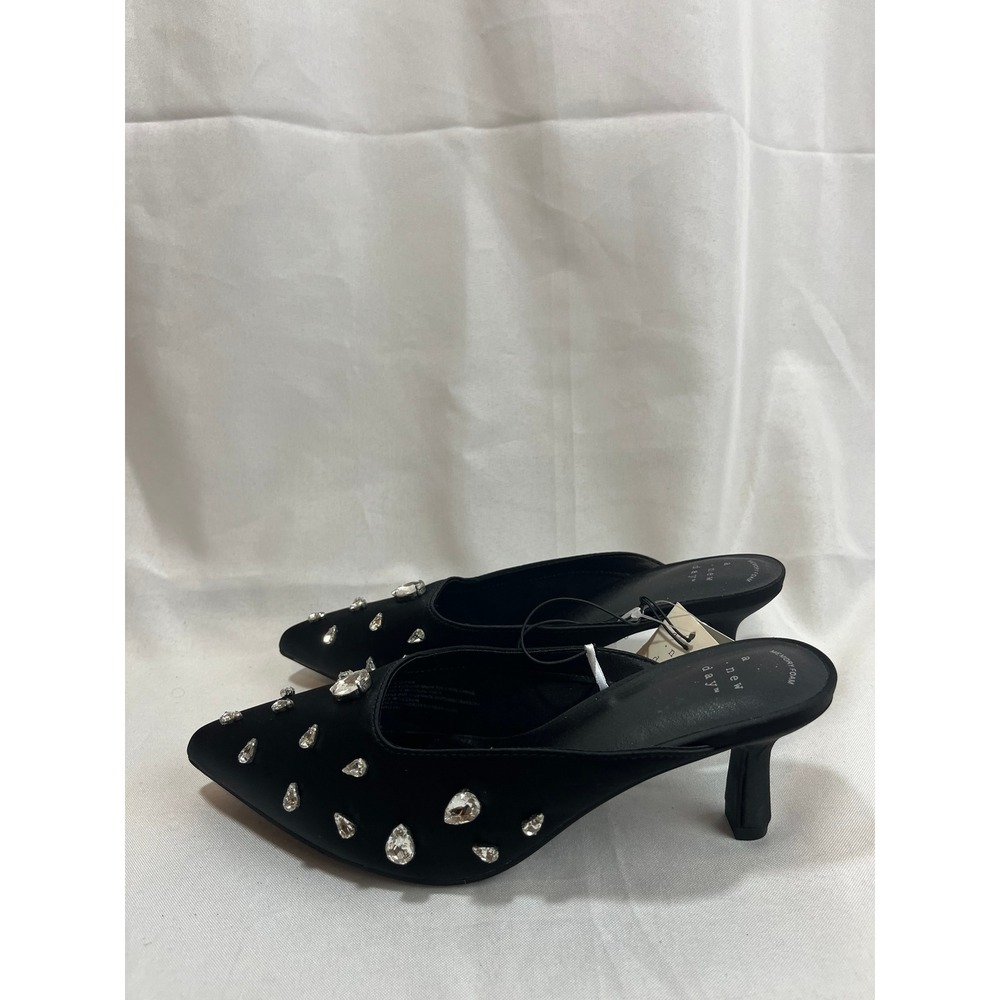 A New Day Womens Black Satin Rhinestone Pointed Toe Kitten Heel Mules Size 7.5
